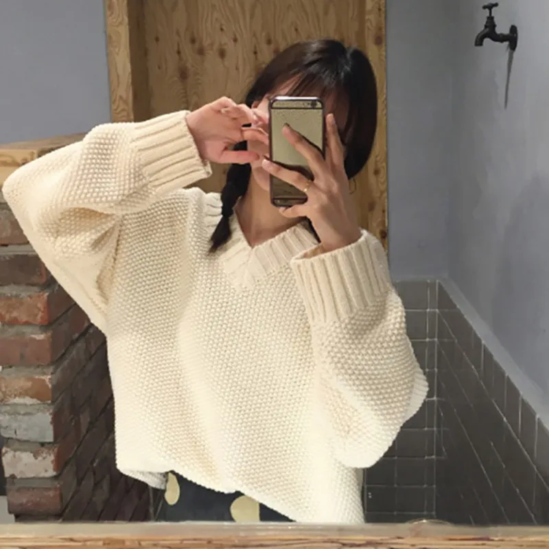 Autumn Winter Thick Warm Sweater Women Korean Style V-Neck Long Sleeve Pullover Casual Loose solid knitted Jumper Sweaters Autumn Winter Thick Warm Sweater Women Korean Style V-Neck Long Sleeve Pullover Casual Loose solid knitted Jumper Sweaters
