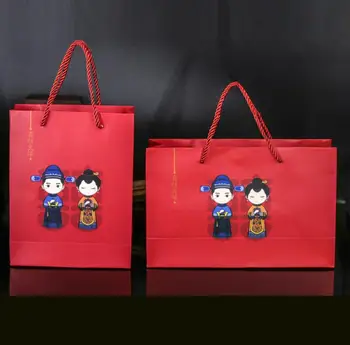 

100pcs Chinese Traditional Red Double Happiness Cartoon Couple Lovers Wedding Gift Paper Bag Portable Candy Bags SN2049