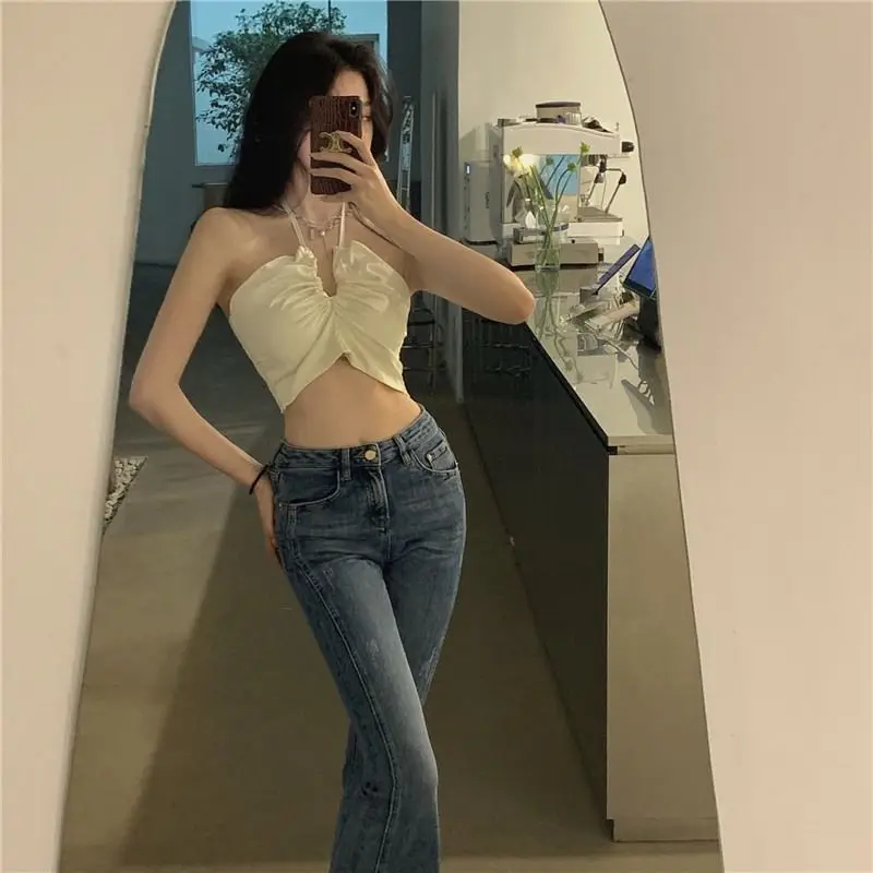 Korean French Retro Scheming Thin Short Camisole Sexy V-Neck Wrapped Breast And Navel Summer Bohemian Beach Style Ladies Camis cheap bras