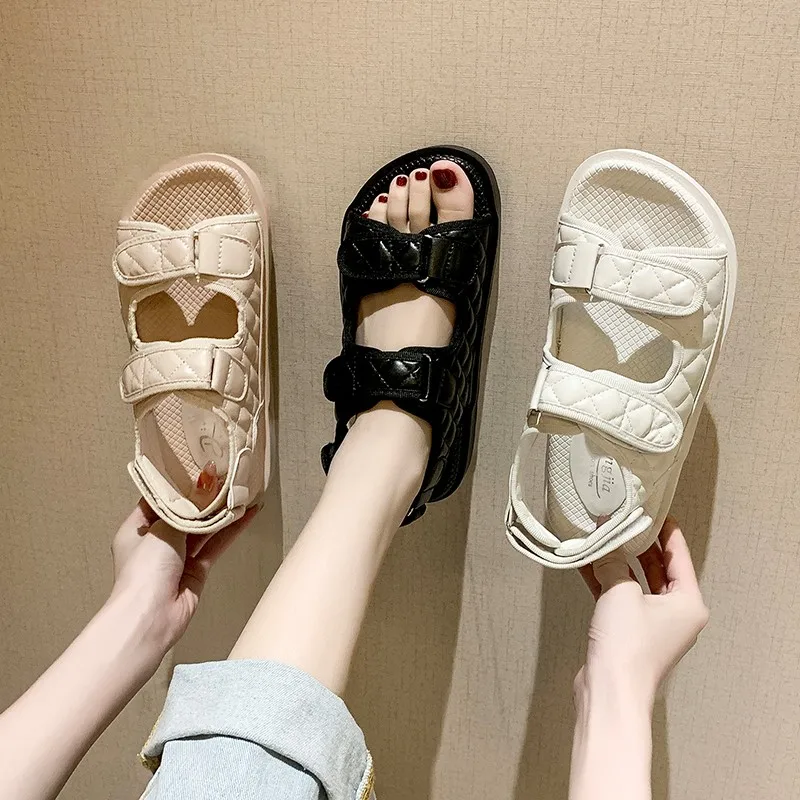 Sandalias de tendencia con velcro para mujer, chanclas de suela gruesa informales romanas, calzado de diseño zapatos planos, novedad de verano - AliExpress Calzado