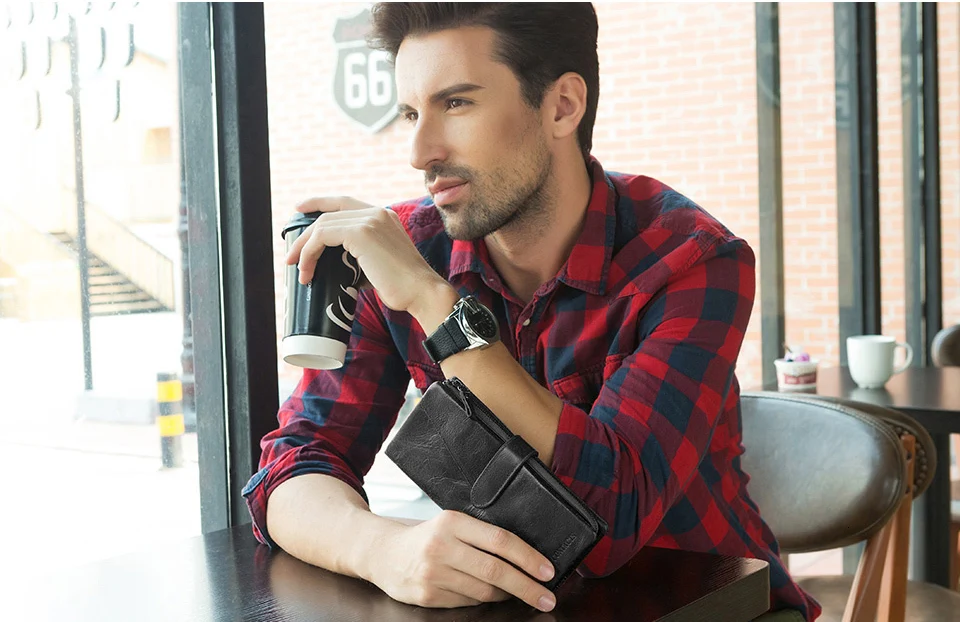 Contact's Genuine Leather Men's Long Wallet With Phone Bags Zipper Coin Pocket Purse Male Clutch Wallets For Men Portfel Small