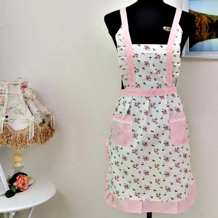 Flower Printed Women Lady Restaurant Home Kitchen Aprons For Pocket Unisex Cooking Cotton Cleaning Apron