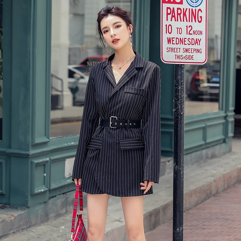 Уличная полоса черные блейзеры для женщин шикарный зубчатый костюм с длинными рукавами куртки офисные женские блейзеры с блейзер с поясом feminino