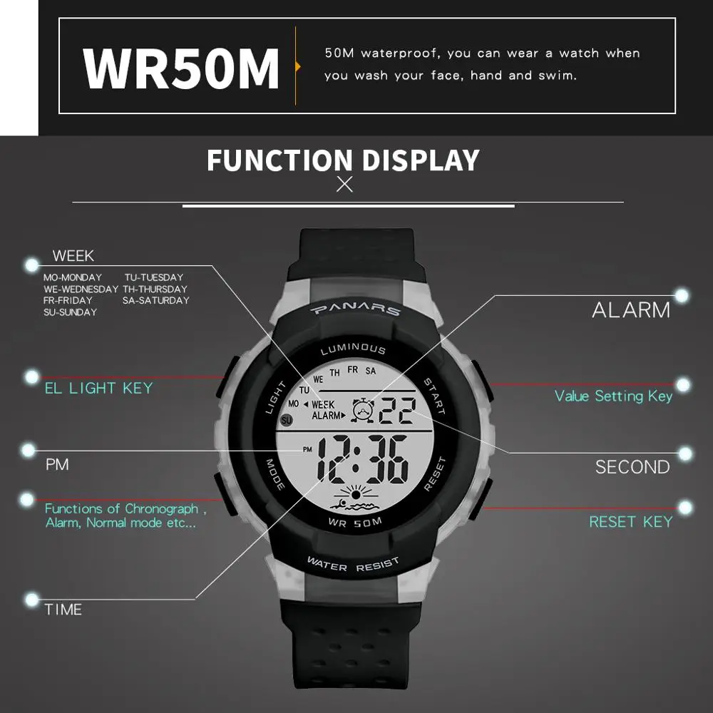 PANARS детские спортивные цифровые часы спортивные водонепроницаемые красочные светодиодный наручные часы многофункциональные дышащие студенческие часы