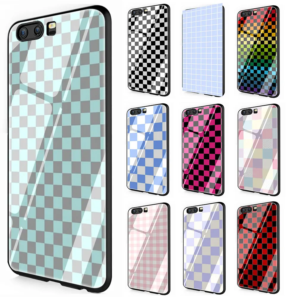 

Checkerboard Plaid Checked Tempered Glass Cover Case for Huawei P10 P20 30 Mate 20 Honor 9 10 Lite Pro 7A 8X P Smart Y6 Y9