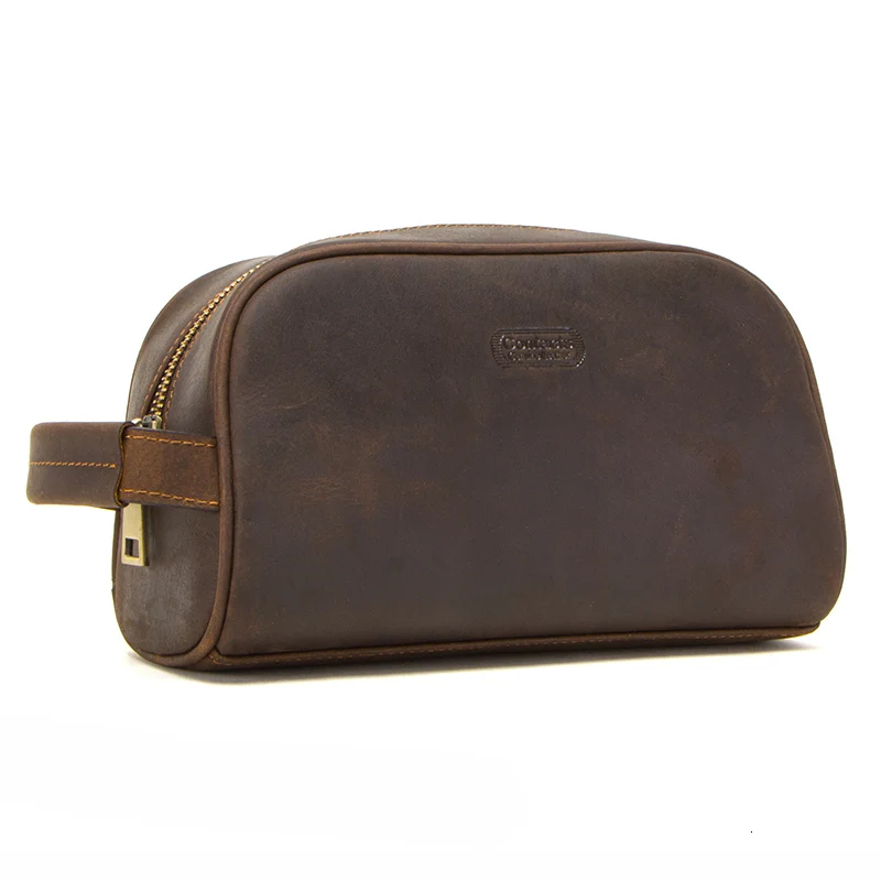 Contact's Men Makeup Bag Genuine Leather Large Waterproof Cosmetic Travel Bags Women Toiletry Organizer Big Wash Bag Zipper Case - Цвет: coffee small new