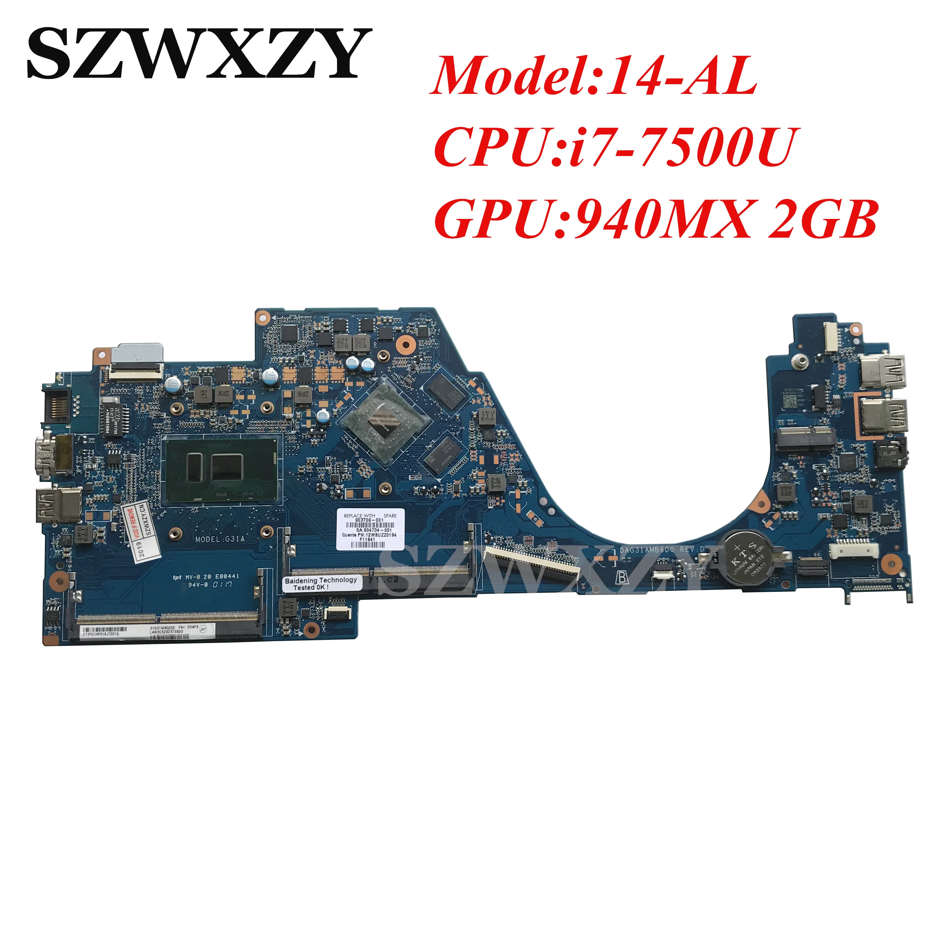 Для HP 14 AL материнская плата для ноутбука 903711 001 601 DAG31AMB6D0 с SR2ZV i7 7500U CPU 940MX 4GB
