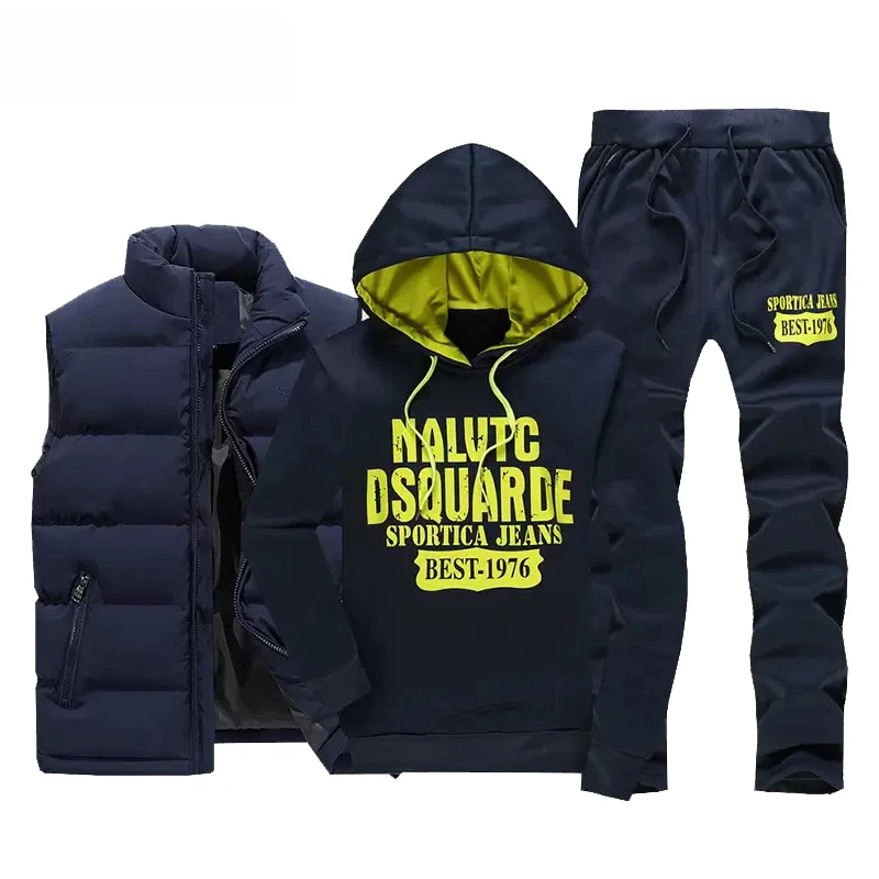 Tracksuit-Sets Mens 3piece Pants Sweatshirt Jacket Hooded Winter Casual Thick Gym-Set