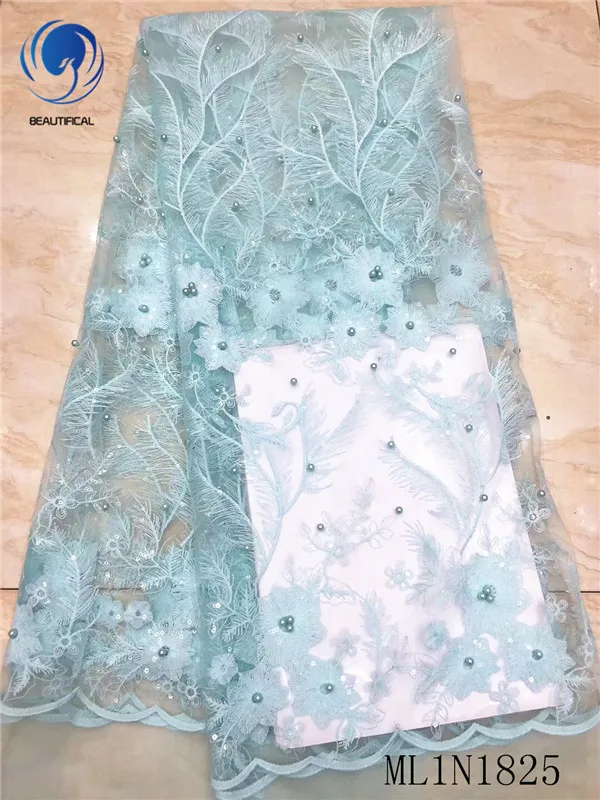 

BEAUTIFICAL African lace fabrics Hot sale nigerian tulle lace embroidery beads 5yards lace with sequis fabric ML1N1825