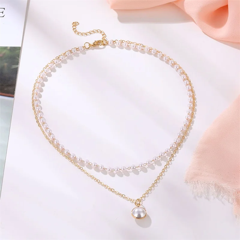 Vienkim 2020 New Double Layer Chain Gold Color Choker Necklace Women Korean Style Pearl Pendant Necklace Fashion Jewelry Collar