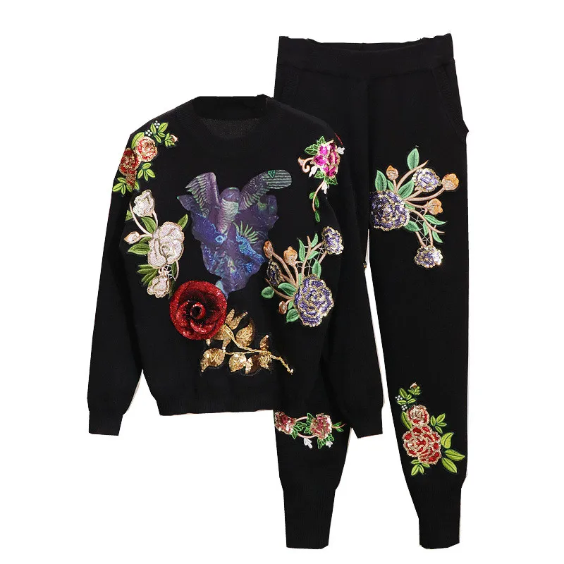 

Autumn 2 Piece Set Women Knitted Flowers Sequins Bird Print Sweater And Pants Suit Ladies Two Piece Set Tracksuits