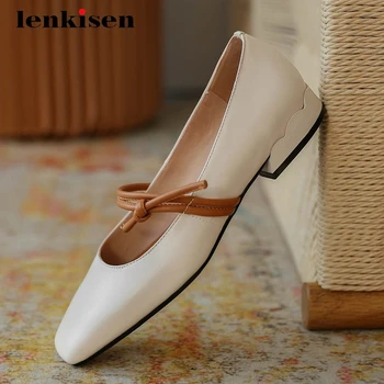 

Lenkisen concise style full grain leather handmade mixed colors square toe thick low heel slip on pretty girls women pumps L39