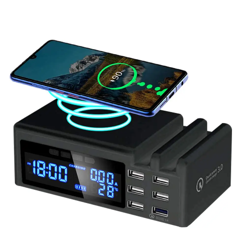 Black US Electric LED Alarm Clock With Phone Wireless Fast Charger USB Charging Digital Thermometer Clock Snooze Table Clock Decoration - Цвет: Black US