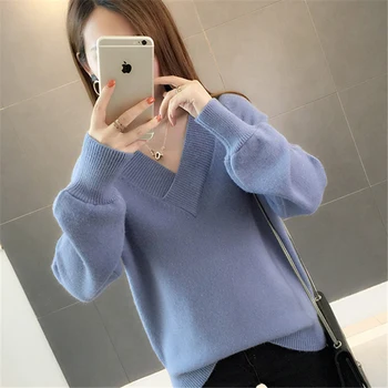 

2020 Sweater frock new winter v-neck long-sleeve sets loose joker pure color lantern sleeve knit render unlined upper garment