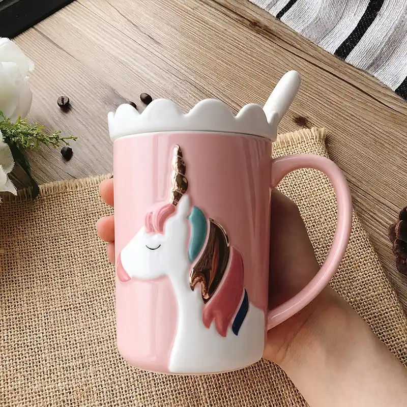 3D Creative cute unicorn mug Korean version with lid spoon crown ...
