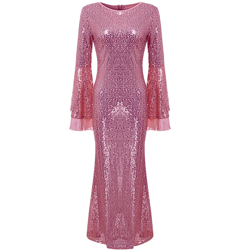 Belle Poque, сексуальное облегающее платье с расклешенными рукавами, женское платье с блестками, элегантные платья для вечеринок, женские платья с круглым вырезом - Цвет: Pink