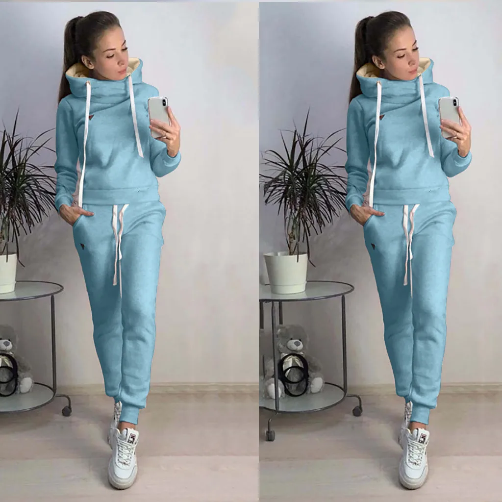 Женский спортивный костюм, спортивный костюм для фитнеса, повседневный однотонный спортивный топ с капюшоном и длинным рукавом+ длинные штаны, комплект, комбинезон, Топ с длинным рукавом