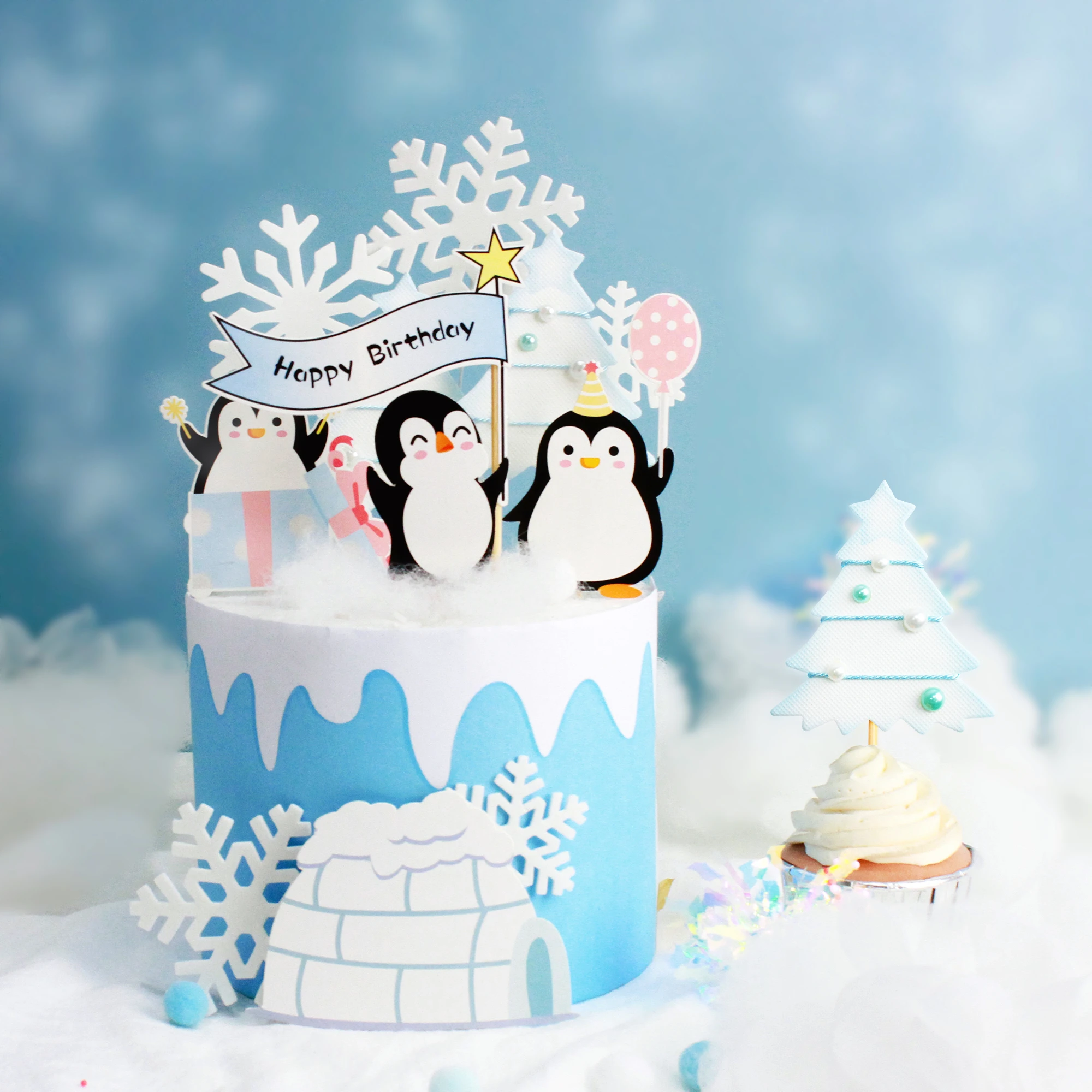 Garniture De Gateau D Anniversaire Chapeau De Pingouin Flocon De Neige Garniture De Cupcake Drapeau De Fete Decoration De Gateau De Noel Aliexpress