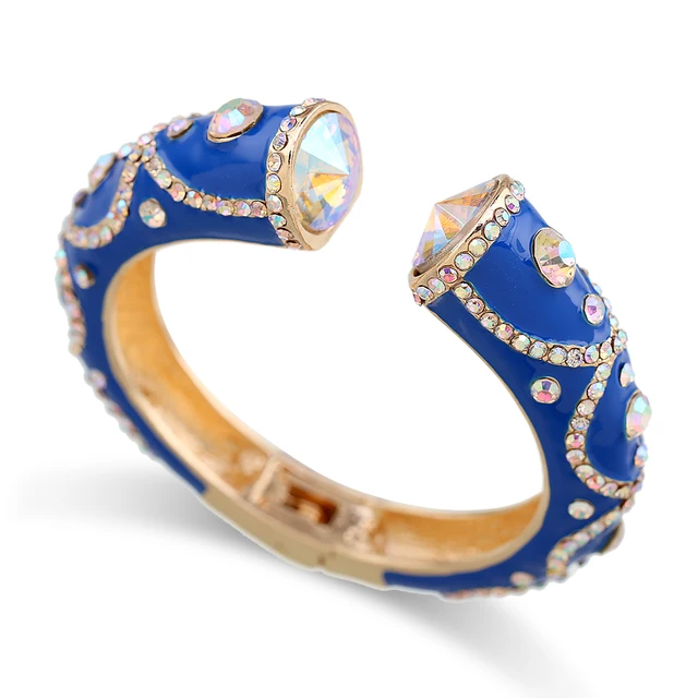 All Seasons Women's Enamel Color Statement Fashion Bangle Cuff Bracelet Gold Plated Inlaid AB Rhinestons Cuff Bangle Royalblue