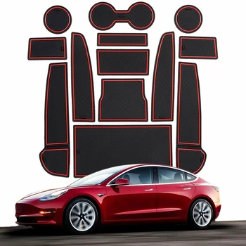 

Car Accessories Red Non-Slip Cup Door and Center Console Liner Mat for Tesla Model 3 Sedan 4-Door 2017 2018 2019