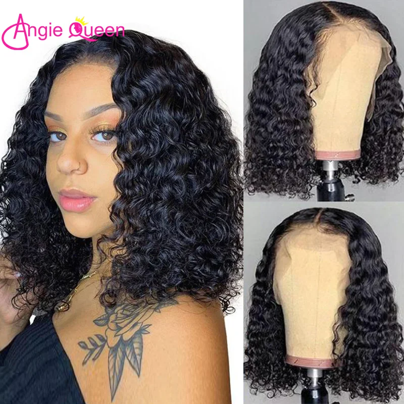 Deep Wave Short Bob Wig Lace Front Human Hair ANGIE QUEEN 2x6 Pre Plucked Wig Brazilian Remy Hair 4x4 Lace Closure Wig For Woman