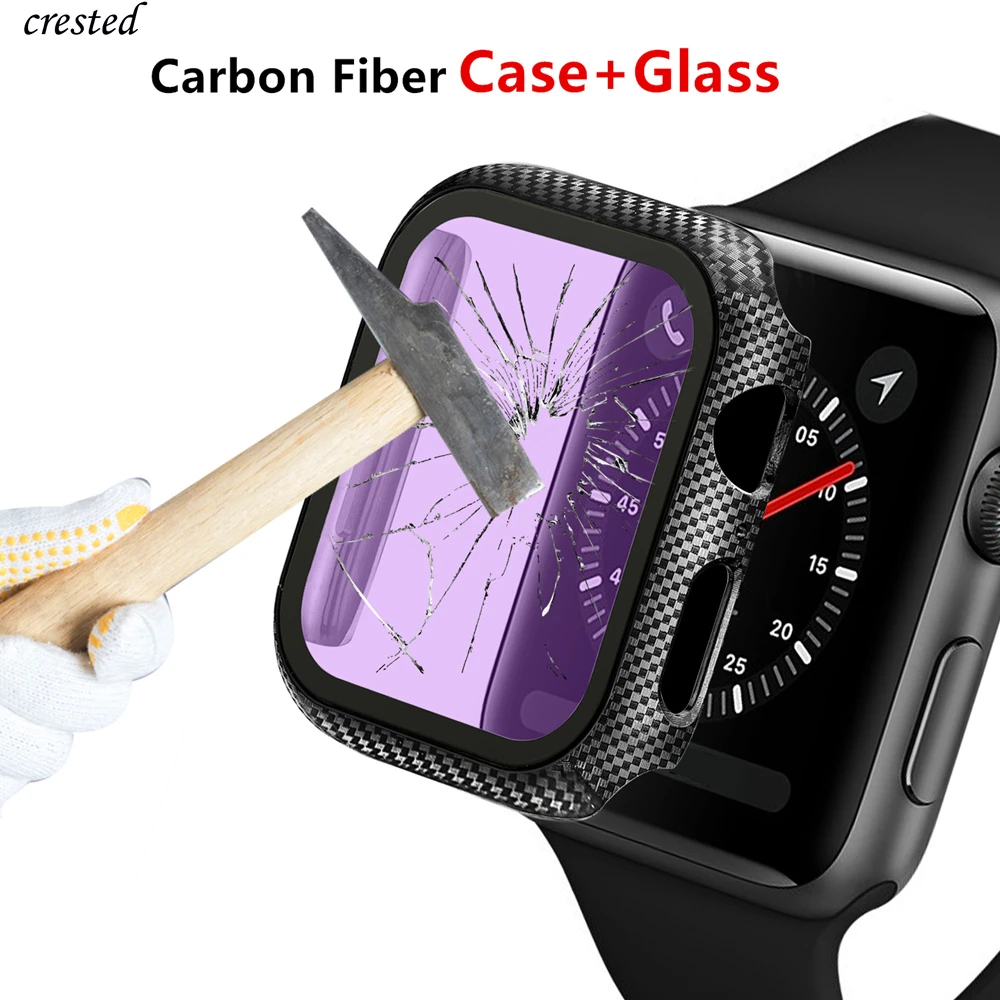 Glass+Cover For Apple watch Case 38mm 42mm Accessories Carbon fiber