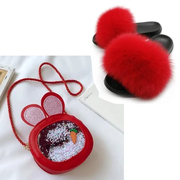 

Baby Girls Fox Fur Slides Fluffy Slippers Bling Sequin Bag Cute Fox Slippers Kids Bag Furry Fur Shoes Sweet Real Fox Fur Slides