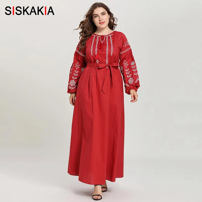 Siskakia, Цветочная вышивка, женское длинное платье размера плюс, аравийские платья с длинным рукавом, осень, с кисточками, на завязках, с рукавом Бишопа