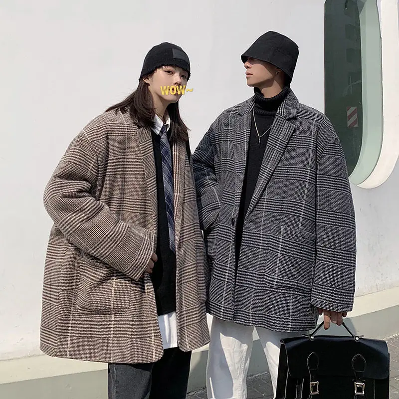 

Men's coat 2020 Autumn winter new slim solid color couples plaid print wool coat casual and loose personality youth men's wear