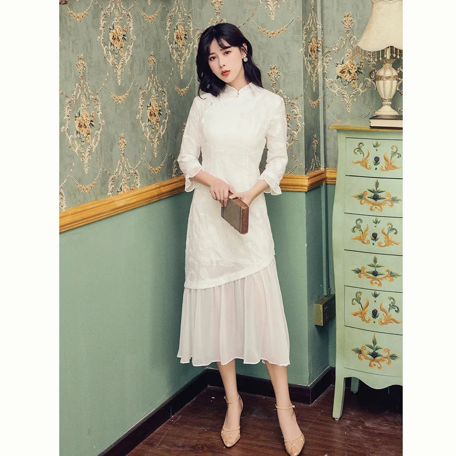 

Machine Embroidery Literature And Art Wind Slim Fit Modified Cheongsam Joint Chiffon Dress
