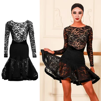 

Sexy Latin Dance Dress Women Tango Salsa Rumba Samba Cha Cha Performance Clothes Ladies Black Lace Ballroom Practice Wear DC3331