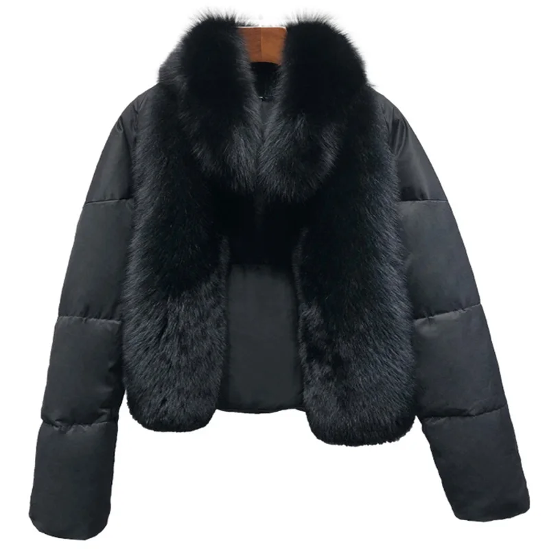 Зимняя женская куртка с натуральным мехом, Воротник из натурального Лисьего меха, свободное короткое пальто, Толстая теплая куртка на белом утином пуху, Корейская одежда
