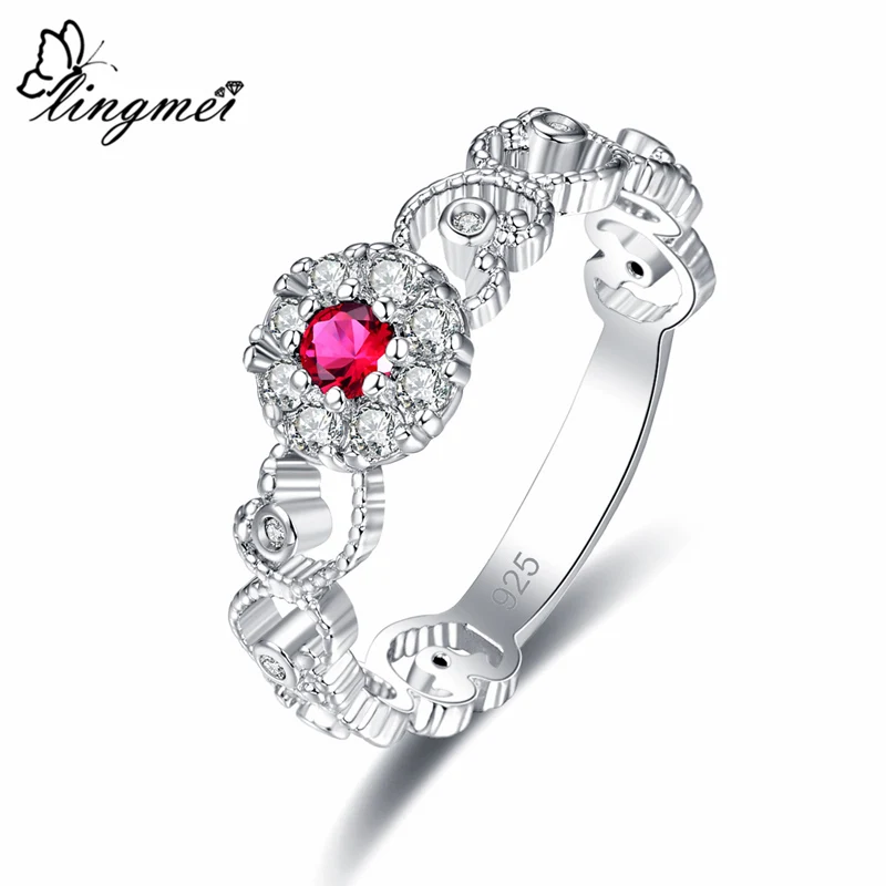Lingmei Pretty, модное женское кольцо, простой стиль, круглая огранка, Красный& Синий& Белый циркон, серебро 925 пробы, ювелирное изделие, кольцо 925, размер 6, 7, 8, 9, подарки - Цвет основного камня: Красный