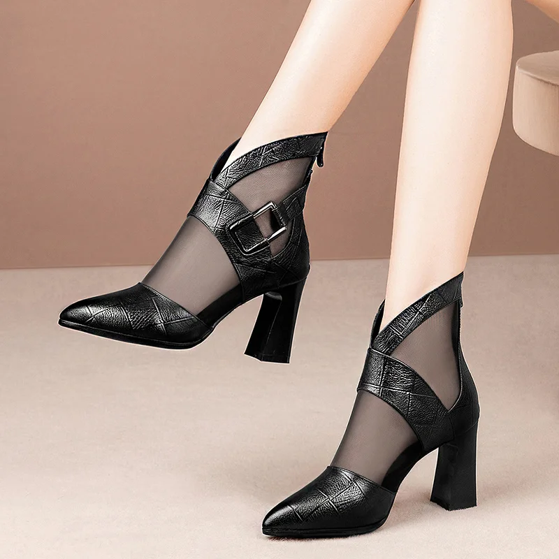

Women High Heeled Ankle Boots Pointed toe Thick Heel Gladiator Short Boot Buckle Black Autumn Shoes