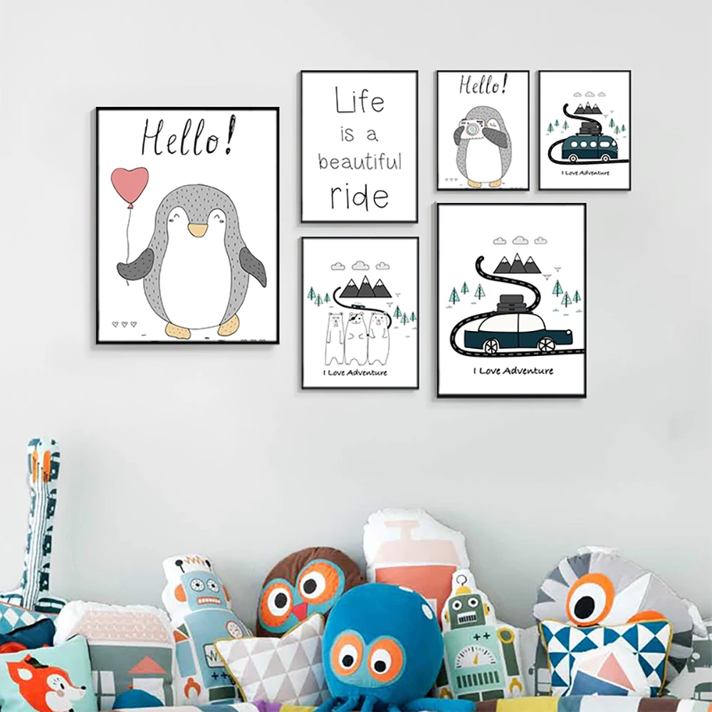 Cartoon Animal Canvas Painting Penguin Polar Bear Poster and Print Child Kids Bedroom Nursery Wall Decor wall art | Дом и сад
