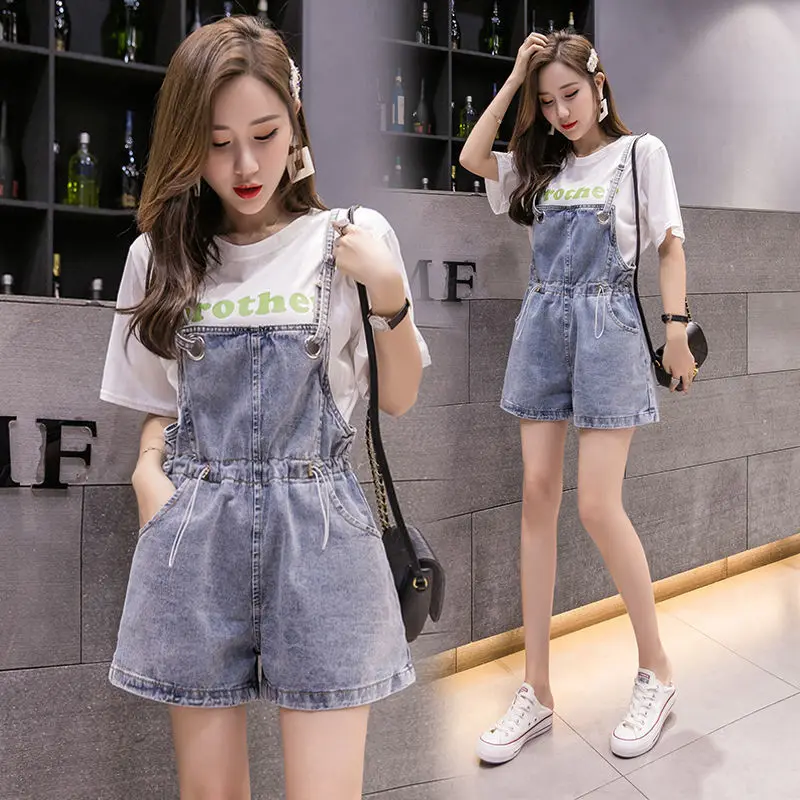 New Style Denim Suspender Shorts Female Summer Korean Version Loose High Waist Wild Drawstring Slim Overalls Female