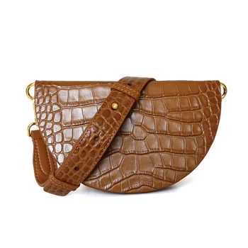 

2020 Autumn and Winter New First Layer Crocodile Pattern Watermelon Mini Saddle Shoulder Slung Leather Bag