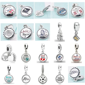 

2019 NEW 100% Sterling Silver Cute Football Dangle Charm Charming dreamy castle dreamland Nurse Rescue Pray for Peace Fit Jewelr