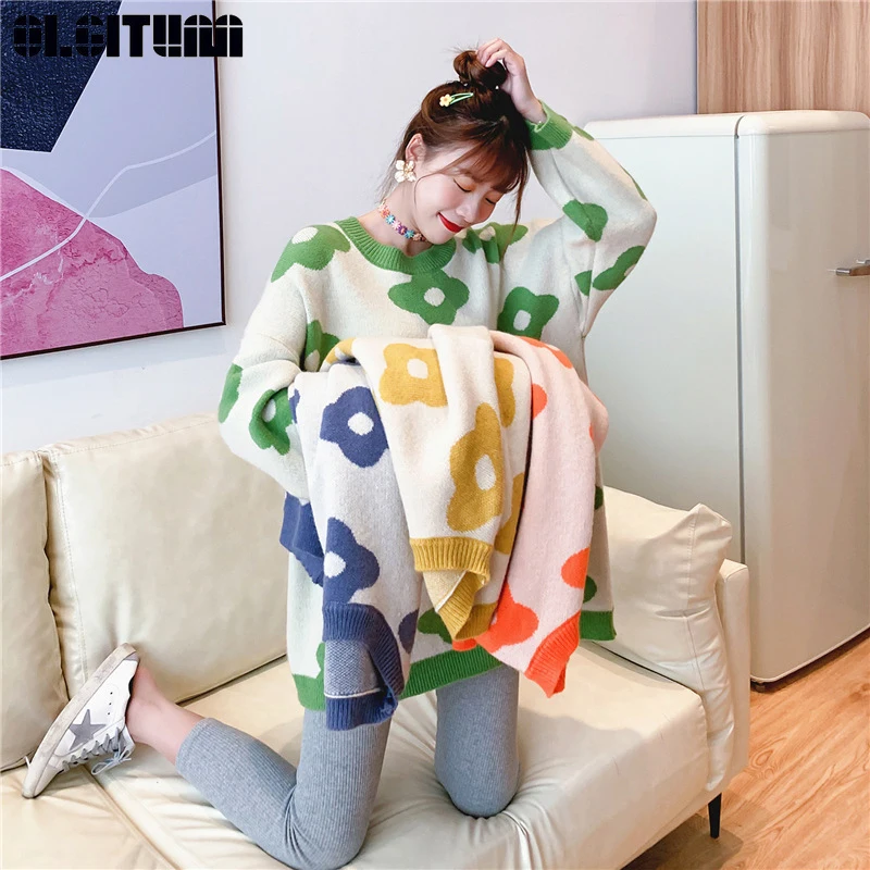 Женский свободный свитер Повседневный пуловер с длинным рукавом и круглым