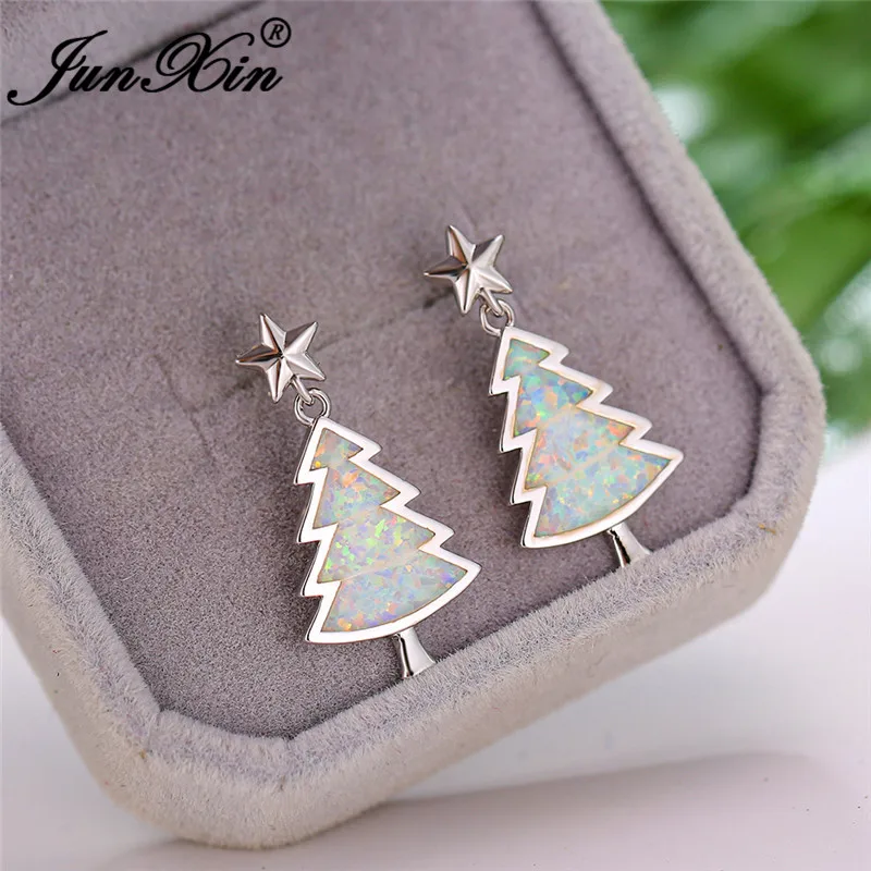 White Opal Earrings Уникальные серьги-гвоздики с рождественской елкой для девочек, 925, серебристые, мистическое Радужное, огненный опал, милые серьги со звездами для женщин, свадебные украшения - Окраска металла: White Opal Earrings