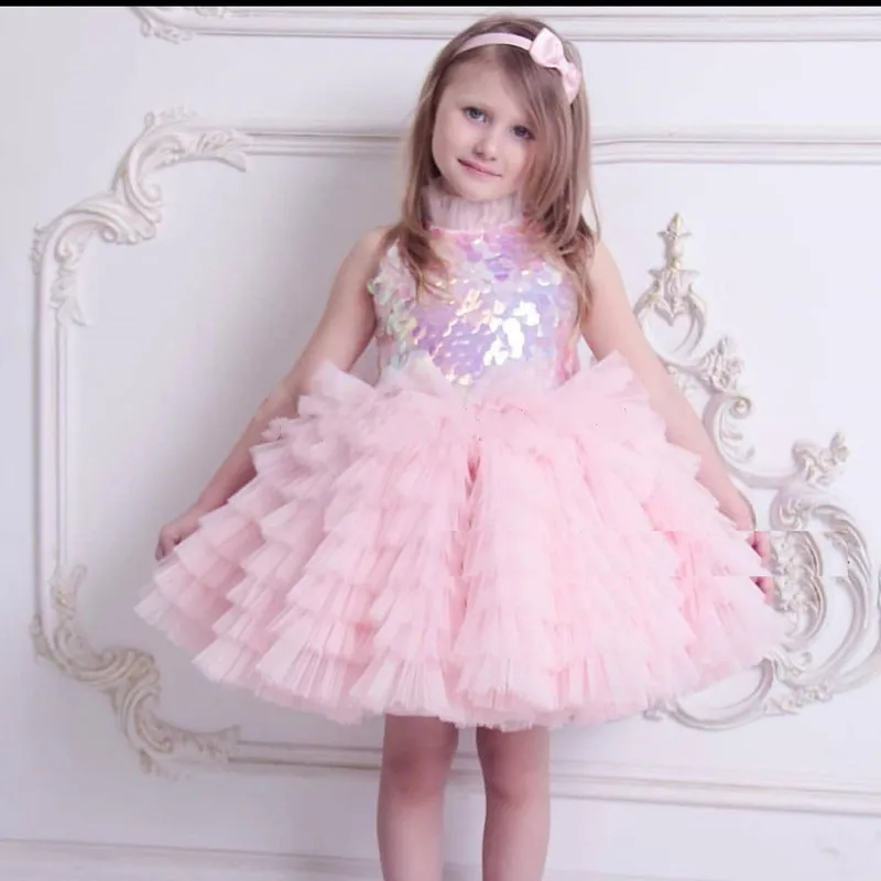 

Pink New Girls Dresses Puffy Tulle Sequined Top Children Birthday Dress Kids Clothes New Wedding Party Gowns for Girls