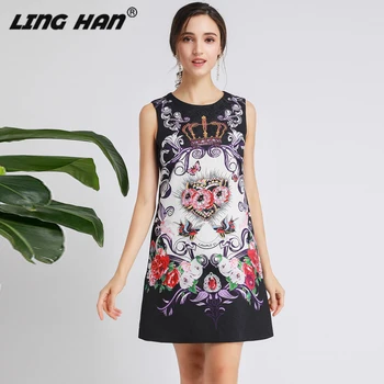 

LINGHAN vintage Print Diamonds Dress Elegant O-Neck Beading Sleeveless Tank Party Dresses Designer New