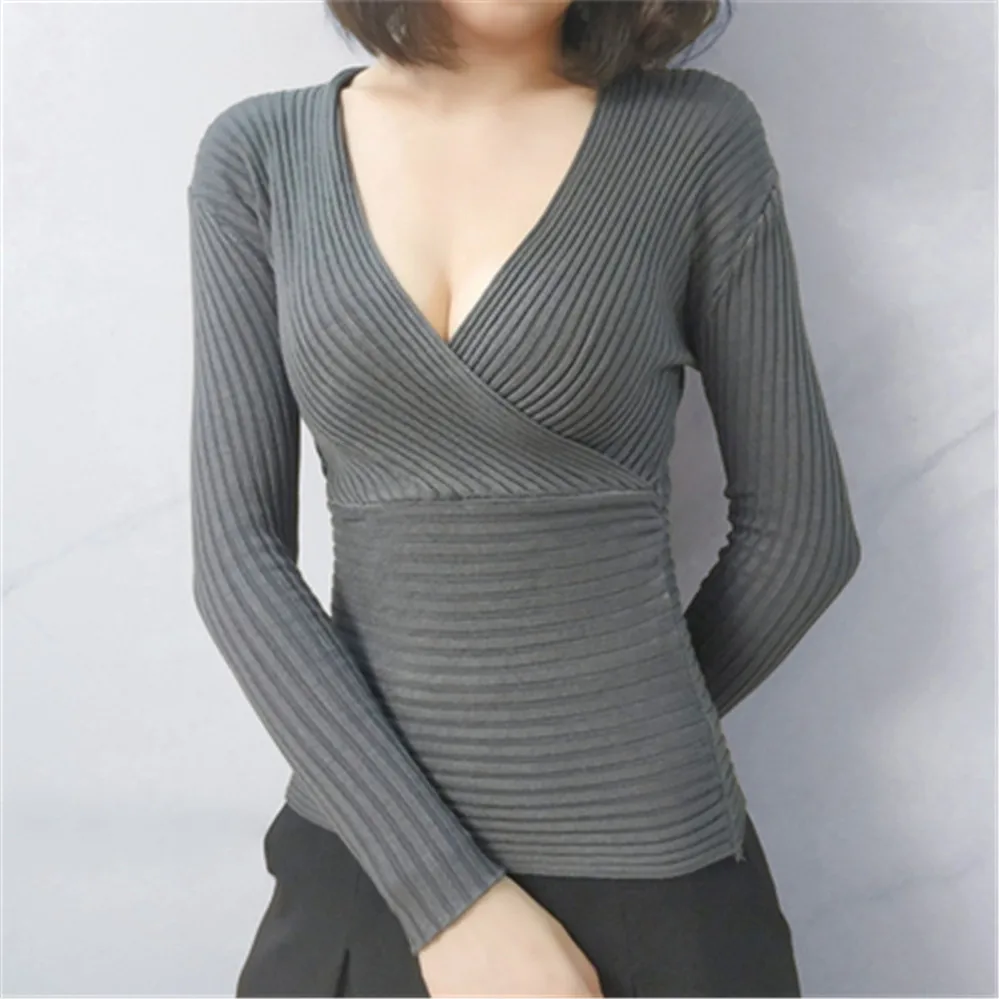 15 Colors Korean Fashion 2020 Sexy Deep V Neck Sweater Womens Pullover