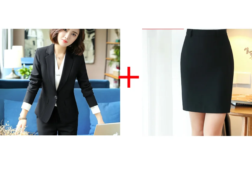 Black Skirt Set New female elegant Women's Black Gray Pants Suit trouser Blazer costumes jacket Suits ladies office wear uniforms 2 piece blouse - Цвет: Black Skirt Set