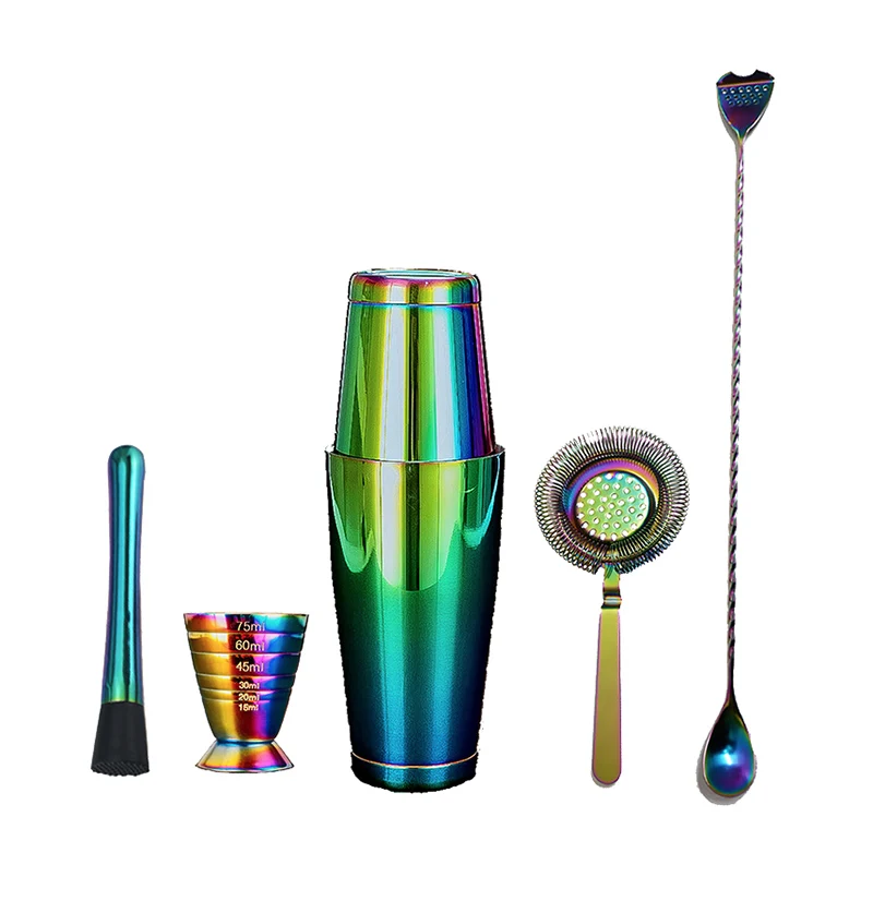 Набор барменов из 6 предметов, Boston Cocktail Shaker Bar Set: 2 взвешенных шейкера, ситечко для коктейлей, джиггер, Коктейльная ложка, Muddler - Цвет: Colorful
