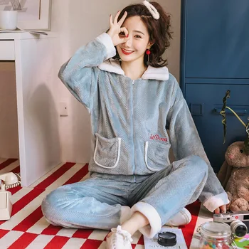 

JULY'S SONG Woman Winter Flannel 2 Pieces Pajamas Set Long Sleeve Warm Thick Soft Simple Cute Homewear Sleepwear Pajamas