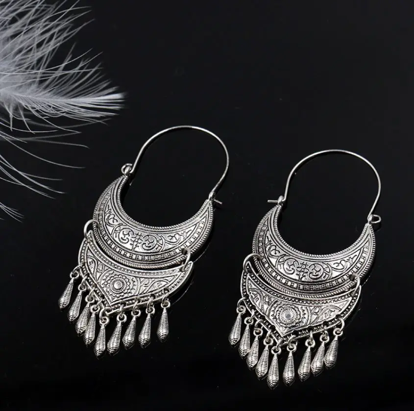 Antique Silver Богемные этнические сердца Этнический, Ацтеки хиппи серьги-кольца Бохо массивные металлические бусины витые болтающиеся женские украшения, серьги - Окраска металла: Antique Silver