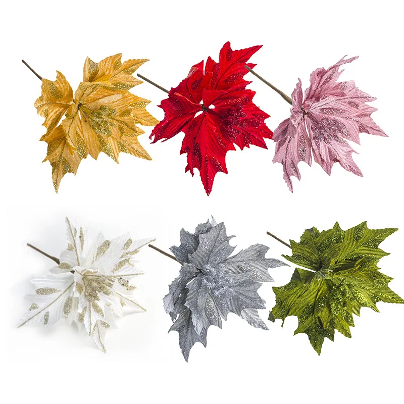 

6 pcs Christmas Artificial flower Leaves Glitterr for Christmas Tree Decorative Shining Faux Leaf Flower Xmas Tree Decoration