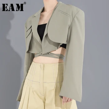 

[EAM] Women Green Bandage Split Short Blazer New Lapel Long Sleeve Loose Fit Jacket Fashion Tide Spring Autumn 2020 1S71406