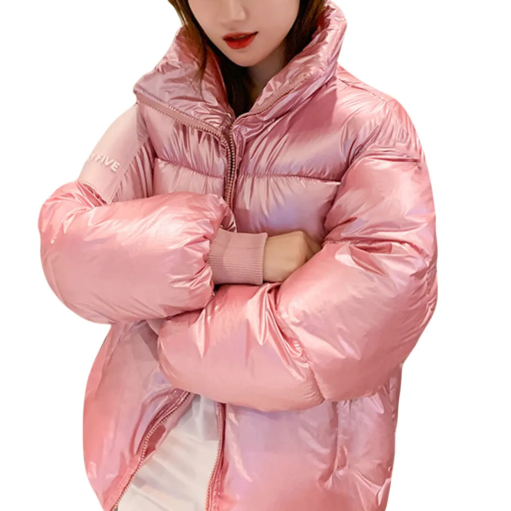 Зимняя женская куртка со стоячим воротником, однотонный корейский стиль, женский пуховик, свободный, негабаритный, для женщин, s, короткая парка, Mujer Invierno, куртки - Цвет: Розовый